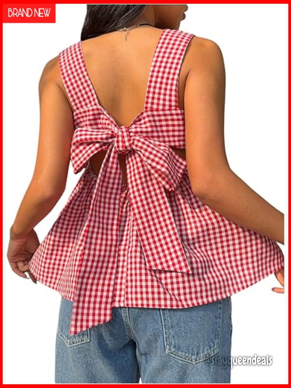 Linen Tie Back Tank Top Square Neck Plaid Peplum Babydoll